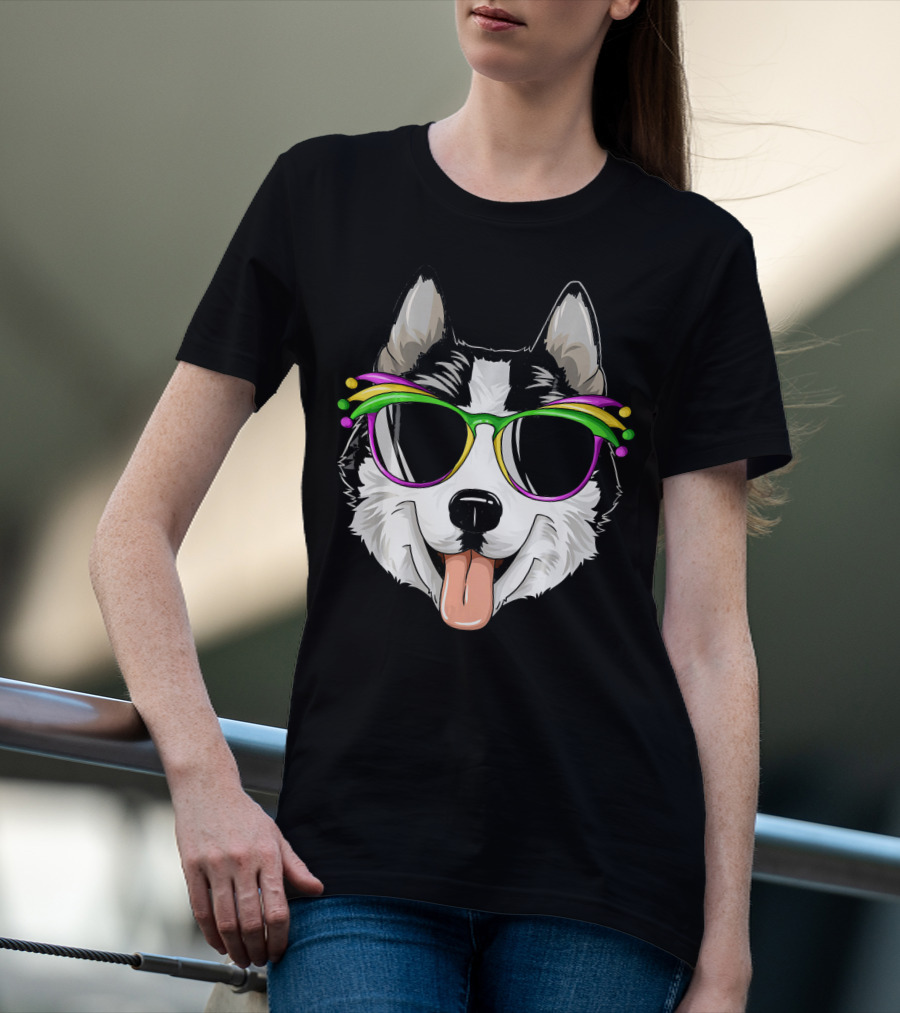 Husky Mardi Gras Carnival Mask Sunglasses Dog T-Shirt