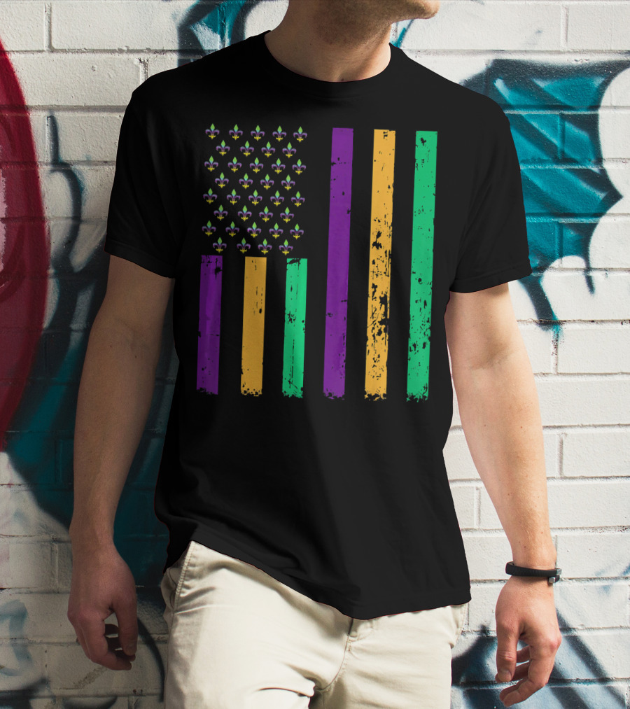 Vintage Fleur-de-Lis Mardi Gras American Flag T-Shirt