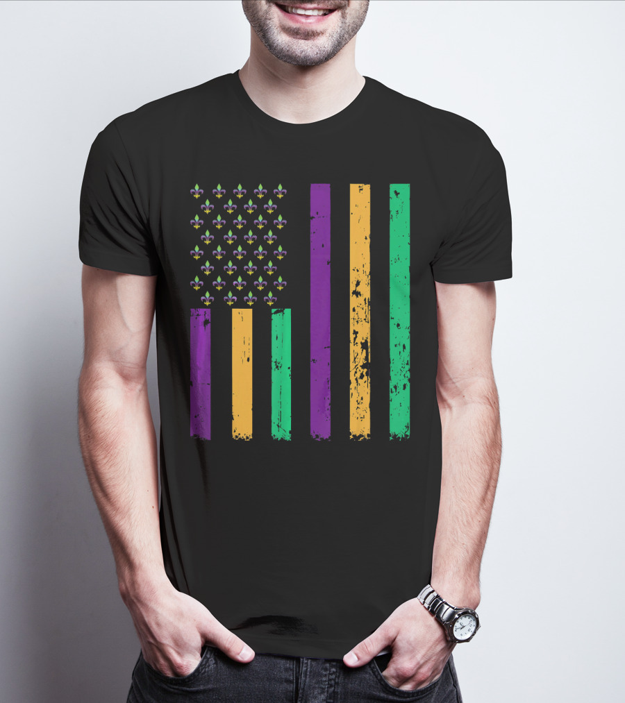 Vintage Fleur-de-Lis Mardi Gras American Flag T-Shirt