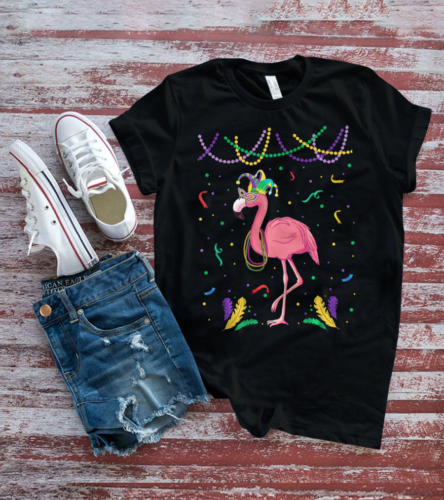 Flamingo Mardi Gras Beads And Mask T-Shirt