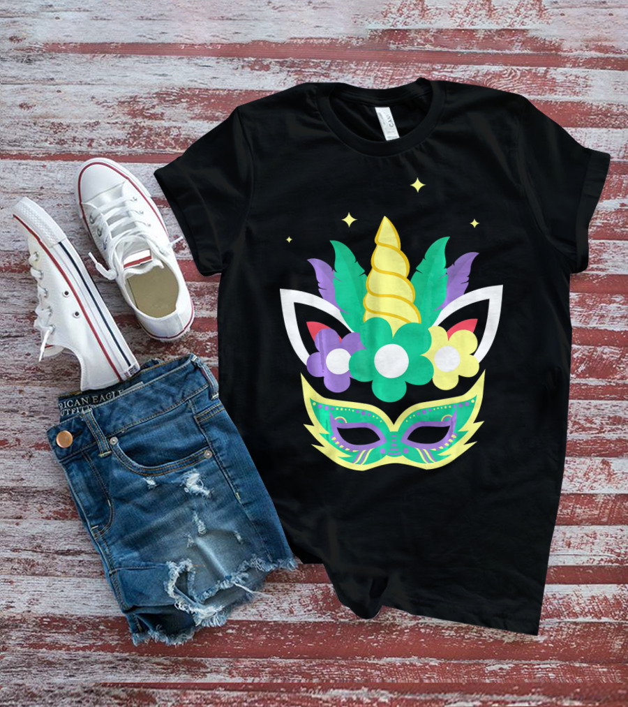 Unicorn Mardi Gras Mask With Flowers And Stars T-Shirt