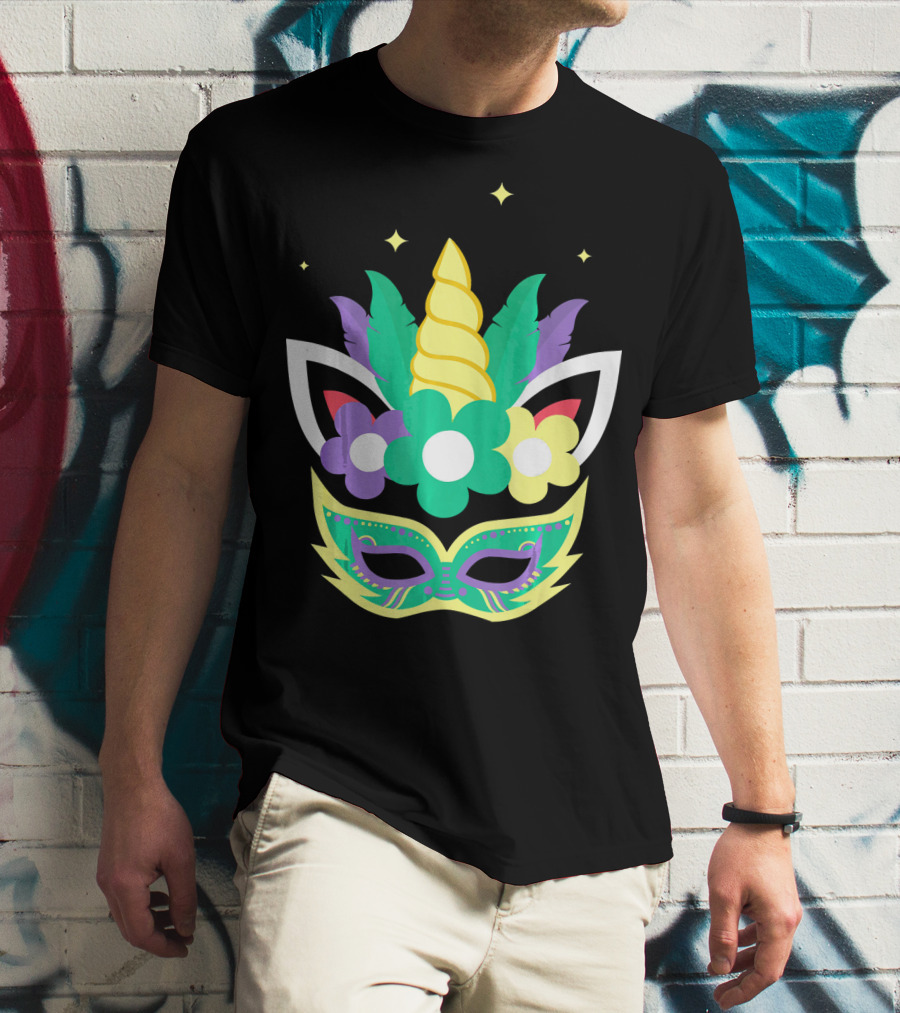 Unicorn Mardi Gras Mask With Flowers And Stars T-Shirt