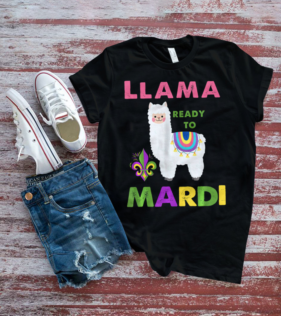 Llama Ready To Mardi Gras Fleur De Lis Festival Colors T-Shirt