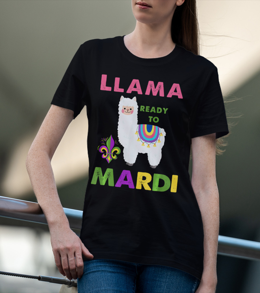 Llama Ready To Mardi Gras Fleur De Lis Festival Colors T-Shirt