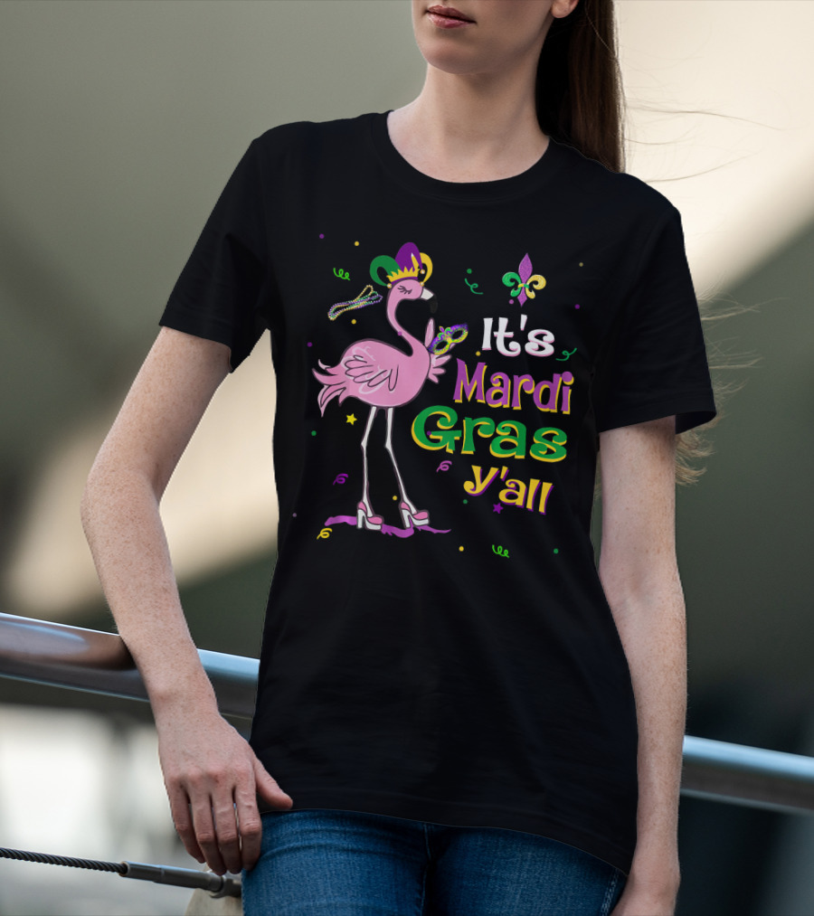 It's Mardi Gras Y'all Flamingo Wearing Jester Hat Fleur-de-Lis T-Shirt