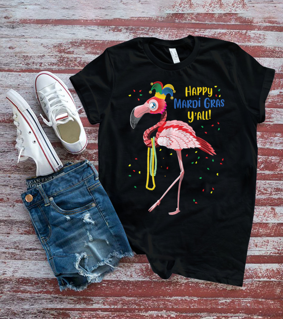 Happy Mardi Gras Y'all Flamingo Jester Hat Fat Tuesday T-Shirt