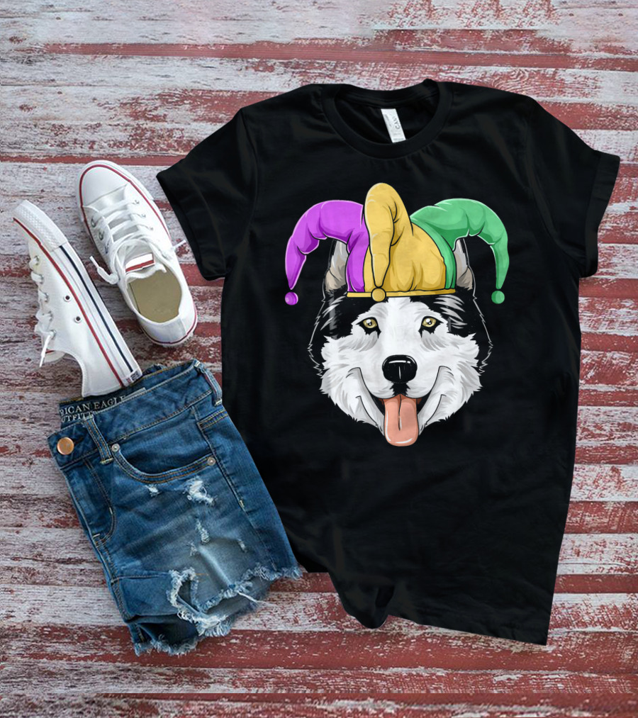 Mardi Gras Husky With Carnival Jester Hat T-Shirt