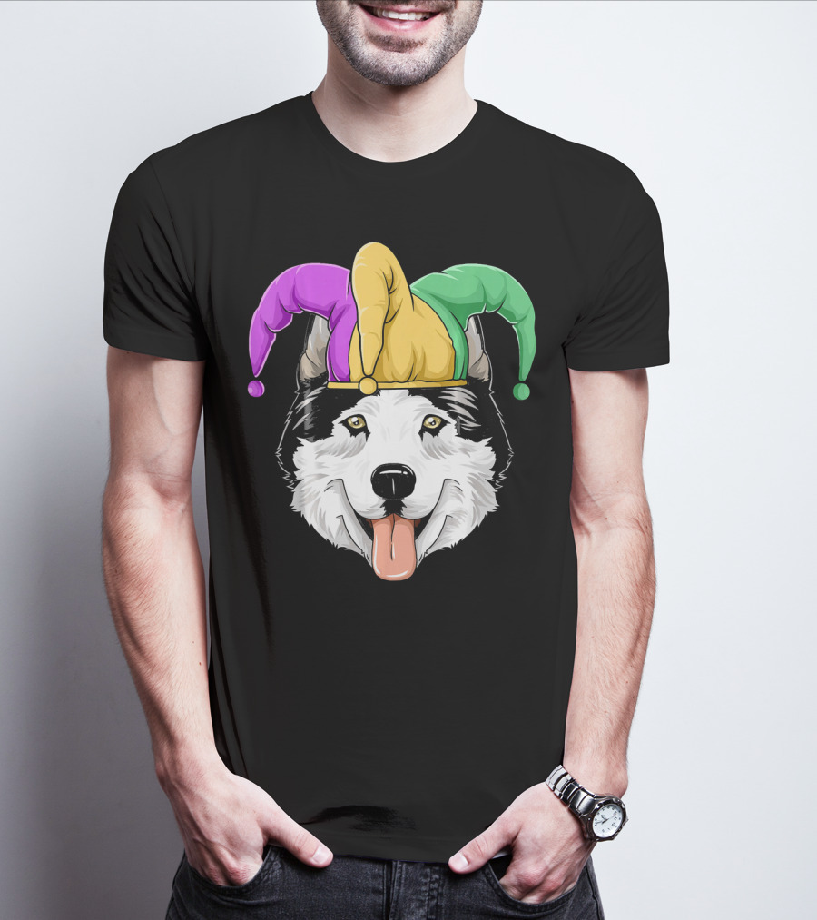 Mardi Gras Husky With Carnival Jester Hat T-Shirt