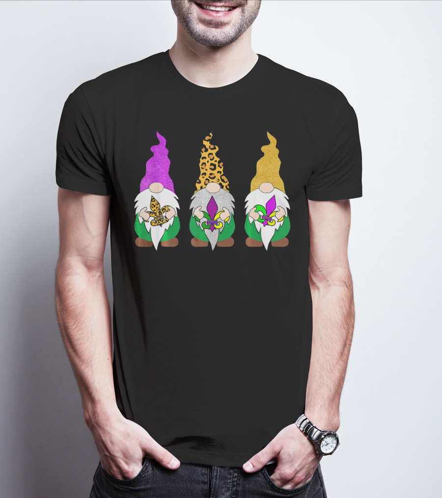 Mardi Gras Festival Colors Glitter Leopard Pattern Gnomes With Fleur-de-Lis T-Shirt