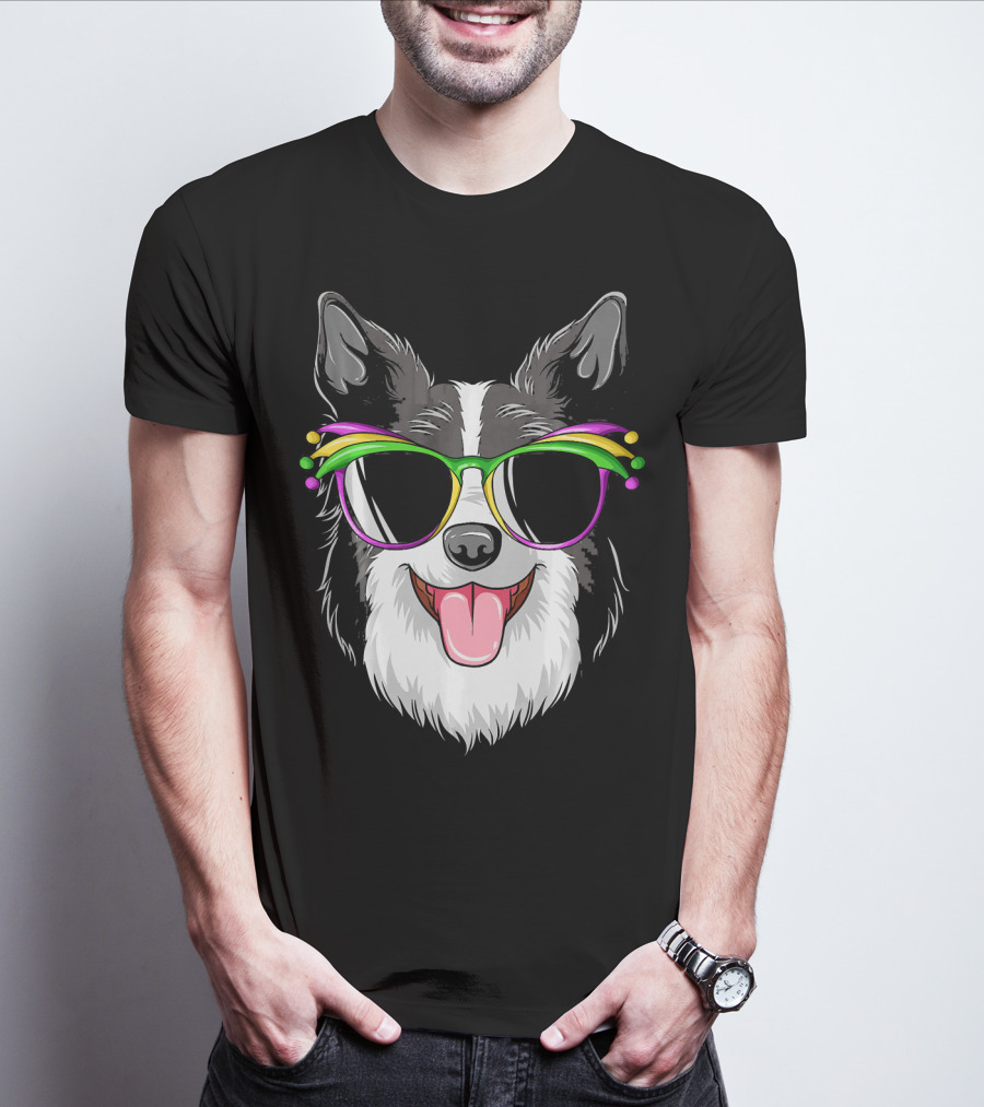 Collie Wearing Mardi Gras Carnival Mask With Colorful Glasses T-Shirt