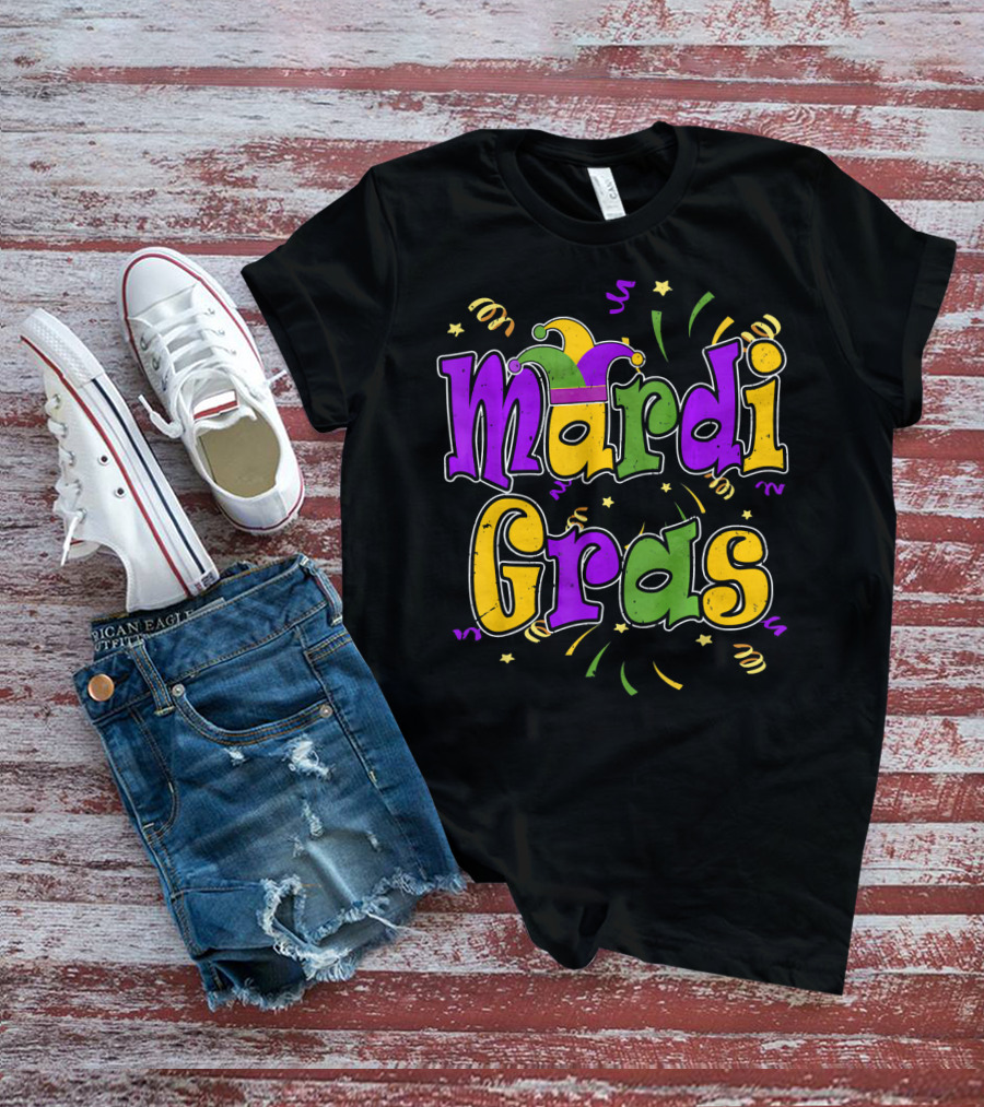 Mardi Gras Colorful Celebration Letters And Decorations T-Shirt