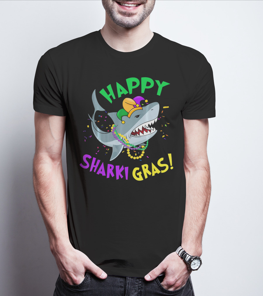 Happy Sharki Gras Mardi Gras Shark With Beads And Jester Hat T-Shirt
