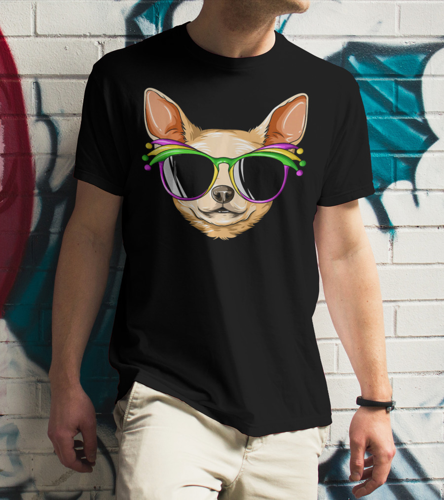 Chihuahua Mardi Gras Carnival Mask Sunglasses T-Shirt