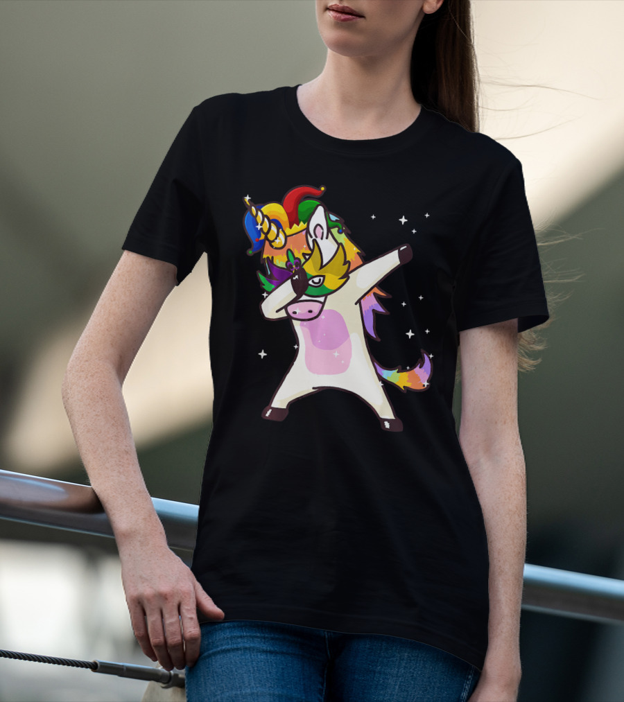 Mardi Gras Dabbing Unicorn Jester Mask Party T-Shirt