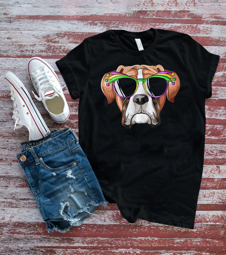 Boxer Dog Mardi Gras Jester Glasses Carnival Mask T-Shirt