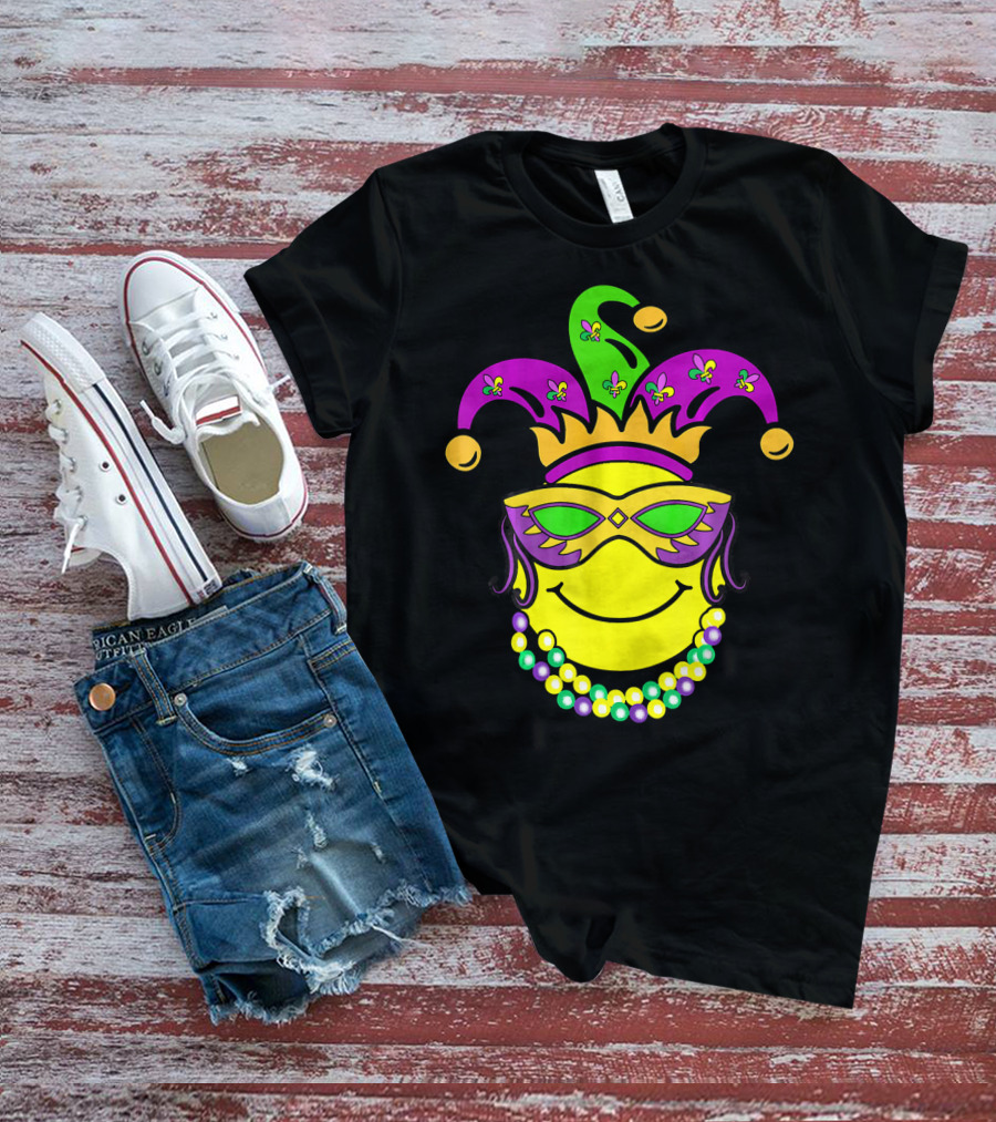 Mardi Gras Emoji Jester Mask Fleur-de-Lis Beads Funny Mardi Gras Lover T-Shirt
