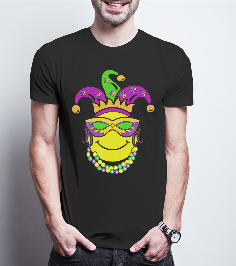 Mardi Gras Emoji Jester Mask Fleur-de-Lis Beads Funny Mardi Gras Lover T-Shirt
