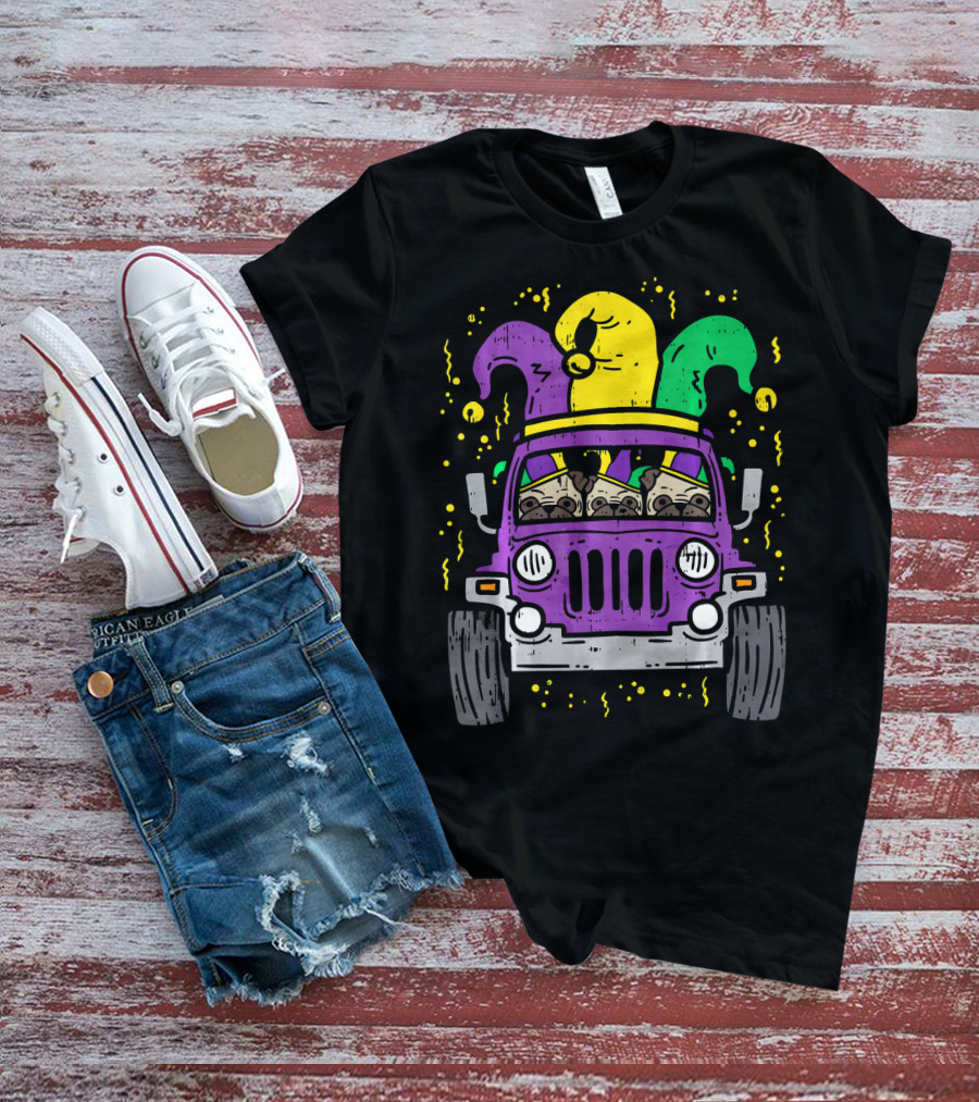 Mardi Gras Jester Pug Dogs In Purple Car T-Shirt
