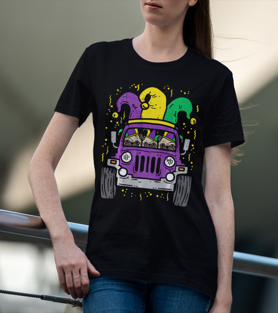 Mardi Gras Jester Pug Dogs In Purple Car T-Shirt