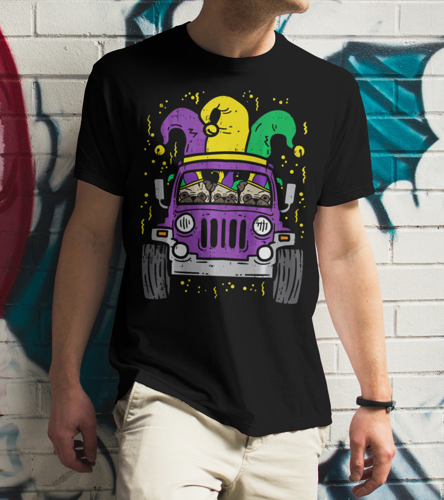 Mardi Gras Jester Pug Dogs In Purple Car T-Shirt