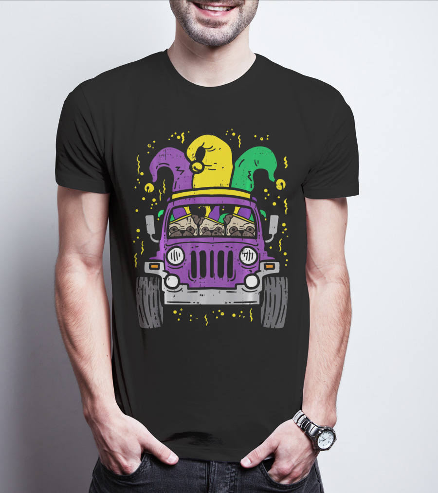 Mardi Gras Jester Pug Dogs In Purple Car T-Shirt