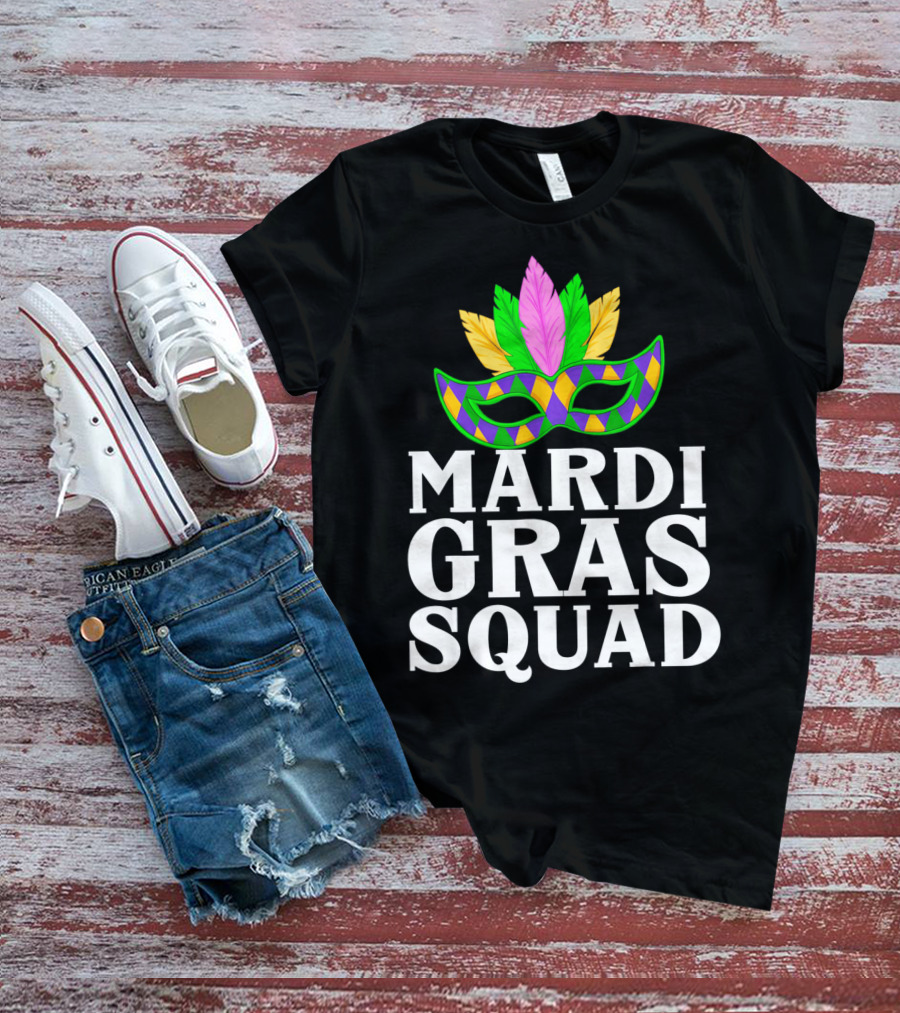 Mardi Gras Squad Colorful Mask And Feathers T-Shirt