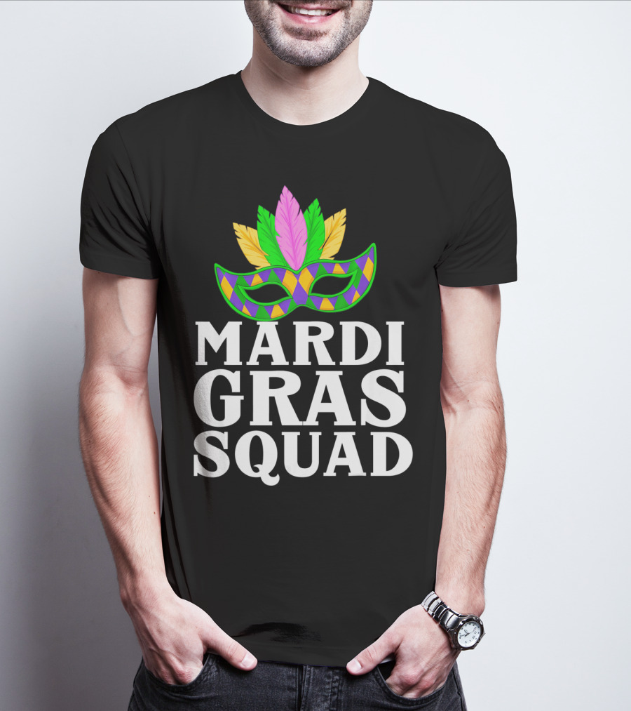 Mardi Gras Squad Colorful Mask And Feathers T-Shirt
