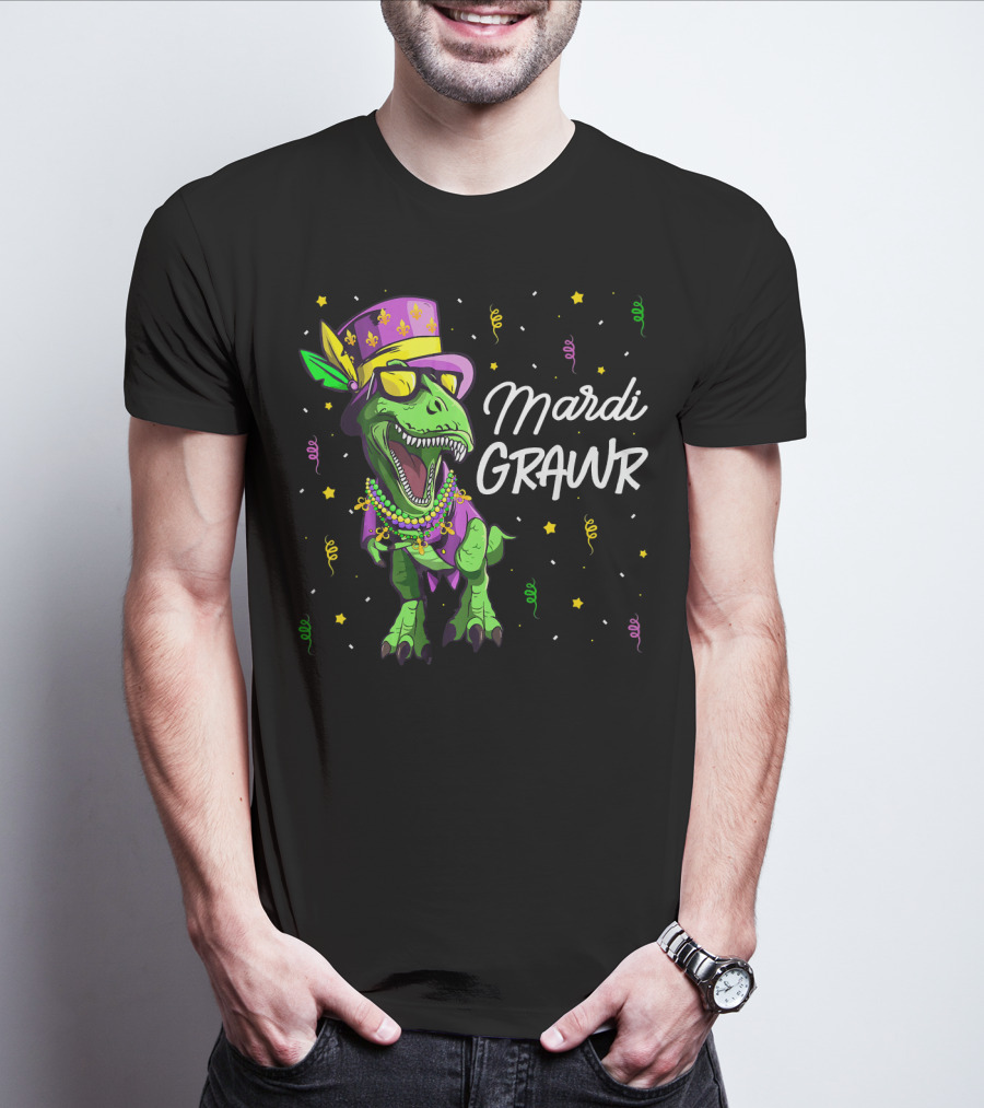 Mardi Grawr T-Rex Dinosaur Mardi Gras Beads And Hat T-Shirt
