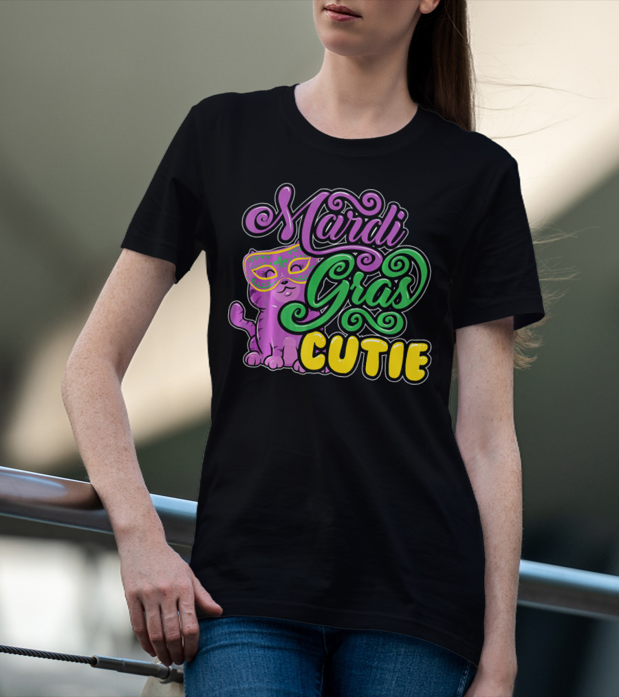 Mardi Gras Cutie Girls Parade Cute Novel Cat With Mask T-Shirt