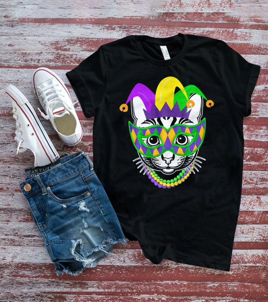 Mardi Gras Cat Jester Mask Beads Kitty Lovers T-Shirt