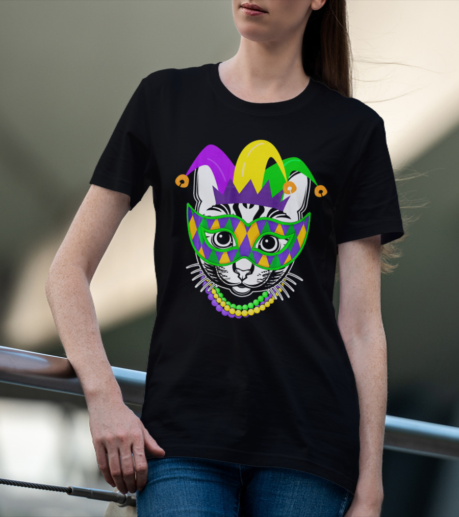 Mardi Gras Cat Jester Mask Beads Kitty Lovers T-Shirt