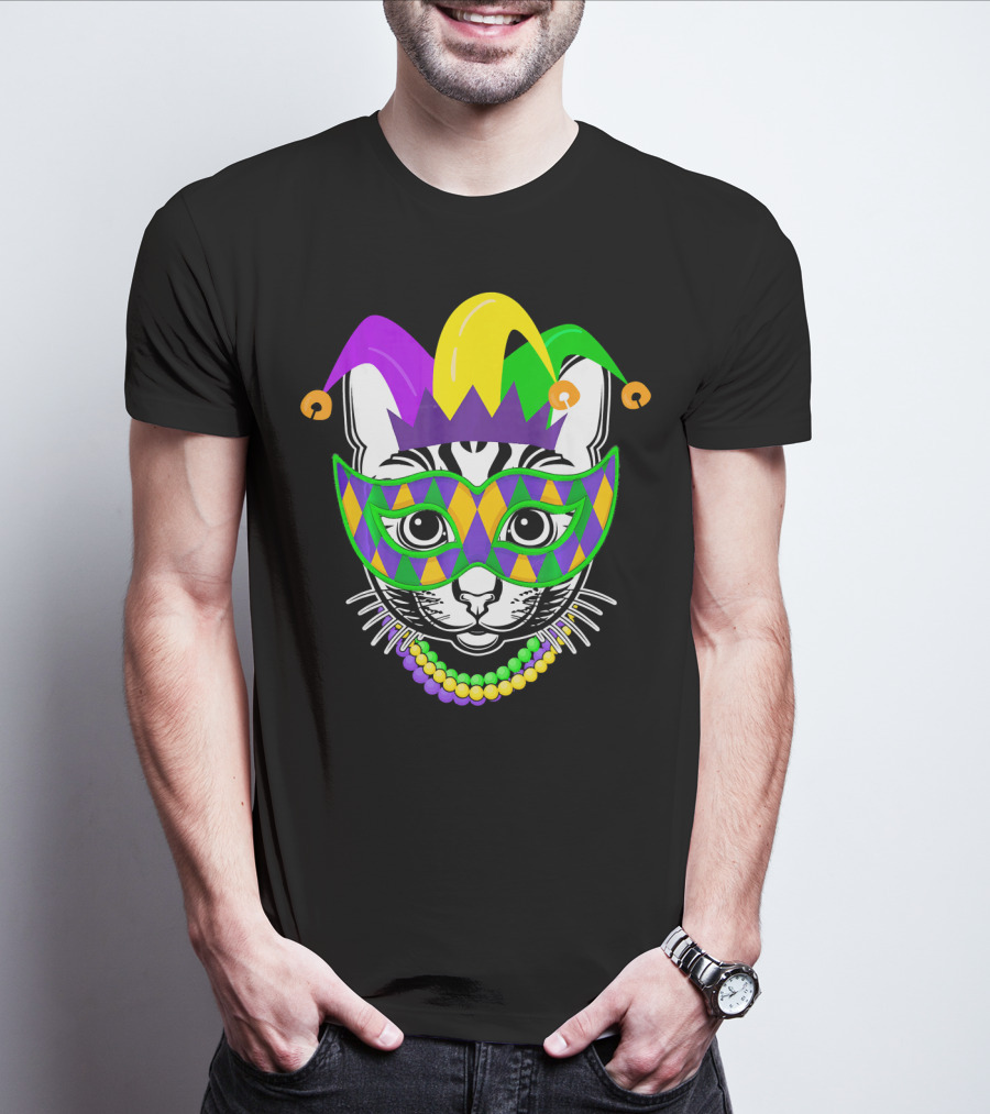 Mardi Gras Cat Jester Mask Beads Kitty Lovers T-Shirt