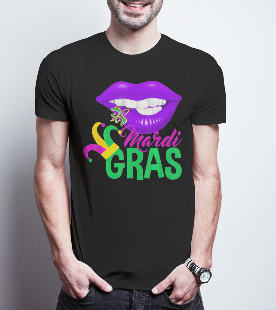 Mardi Gras Lips With Jester Hat And Fleur-de-Lis T-Shirt