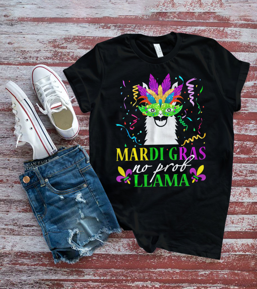 Mardi Gras No Prob Llama Colorful Celebration Mask And Confetti T-Shirt