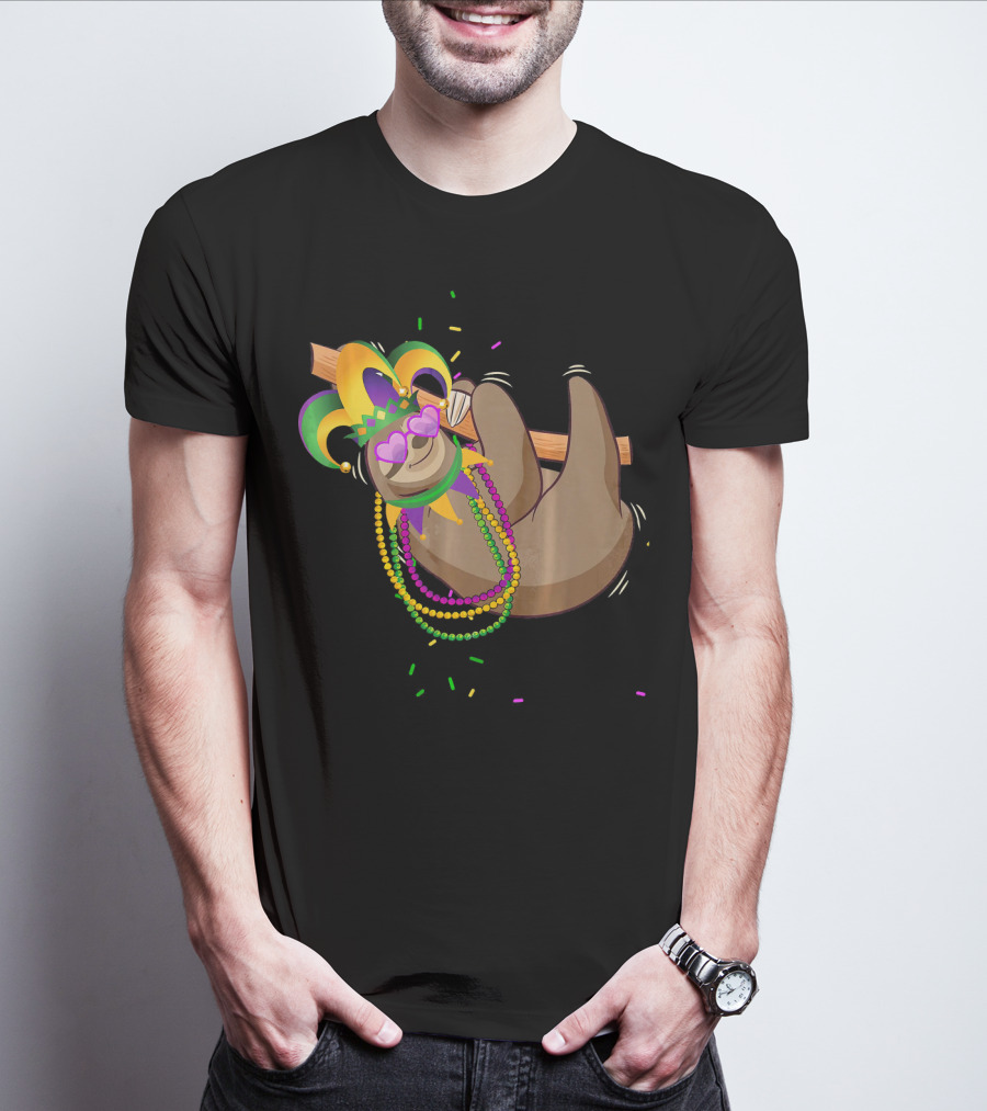 Mardi Gras Sloth Wearing Colorful Beads And Jester Mask T-Shirt