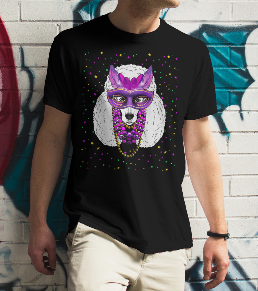 Mardi Gras Poodle With Funny Beads And Masquerade Mask T-Shirt