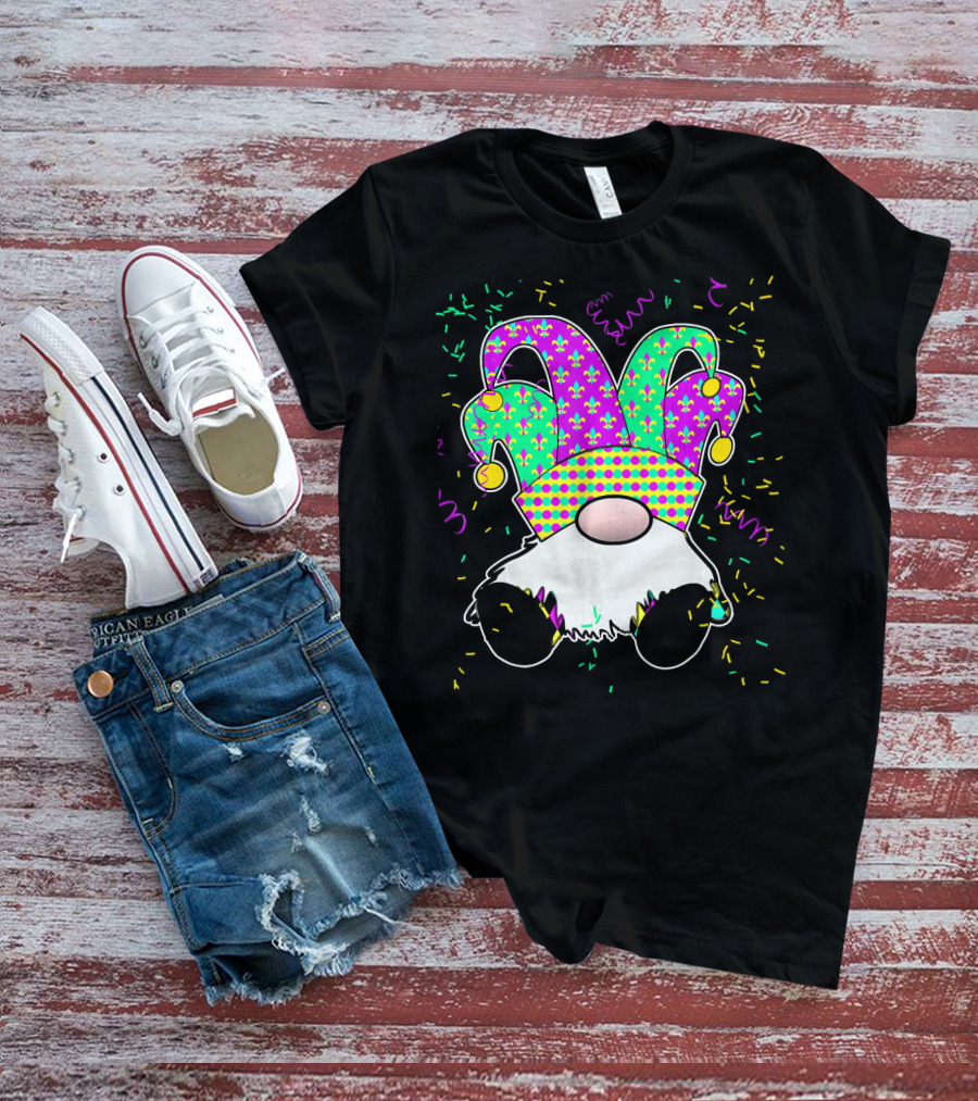 Cute Mardi Gras Gnome Jester Hat Fleur De Lis Fun Confetti T-Shirt