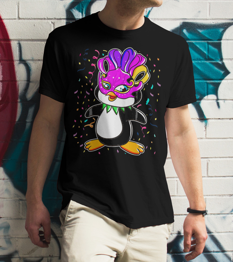Penguin Mardi Gras Lover Funny Masquerade Festive Confetti T-Shirt