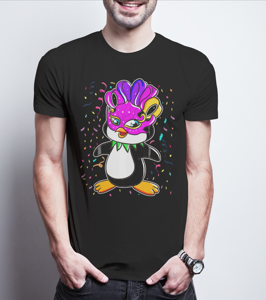 Penguin Mardi Gras Lover Funny Masquerade Festive Confetti T-Shirt