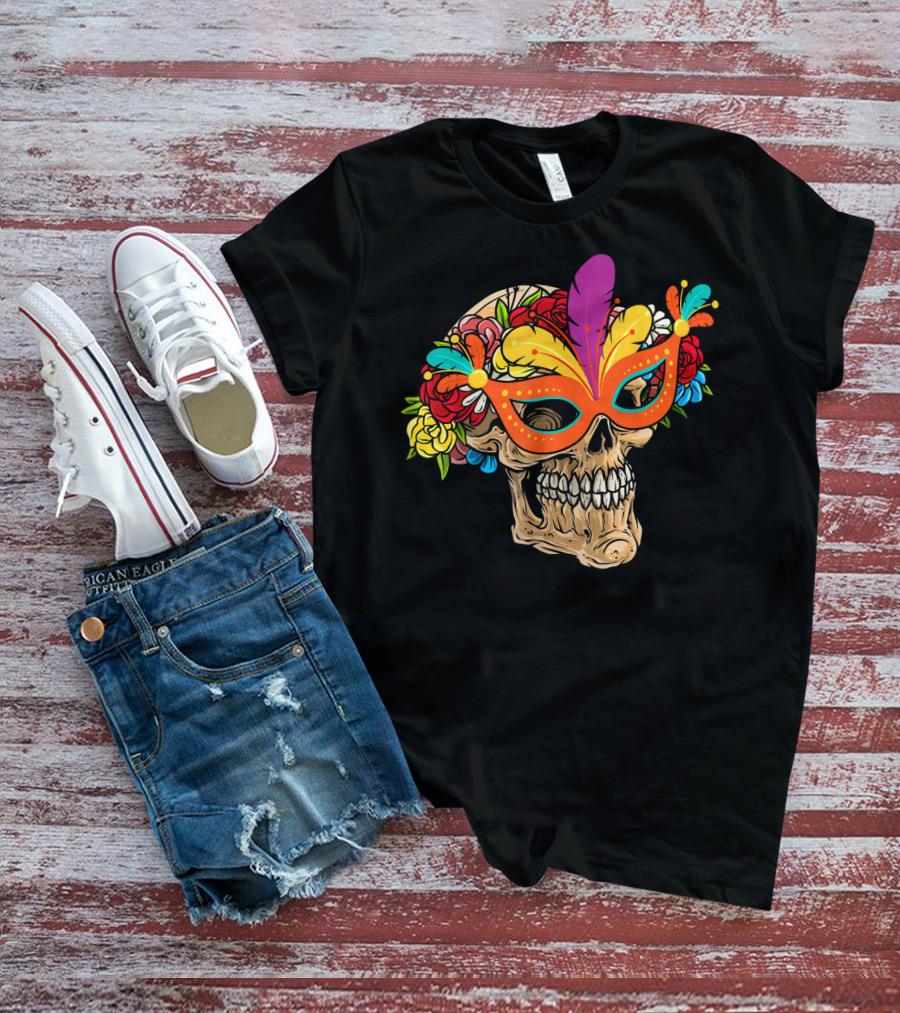 Mardi Gras Skull Mask With Colorful Floral Jester Hat T-Shirt