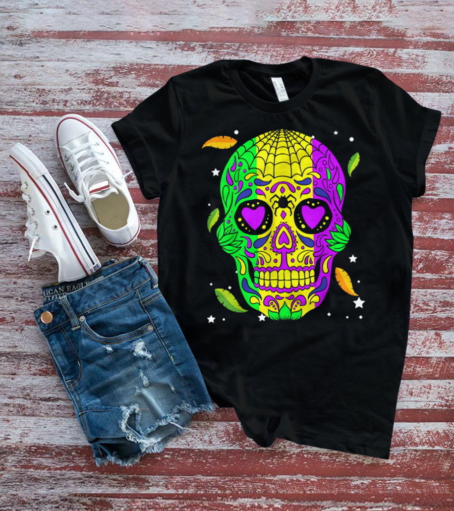 Mardi Gras Skull Jester Hat Colorful Feather T-Shirt