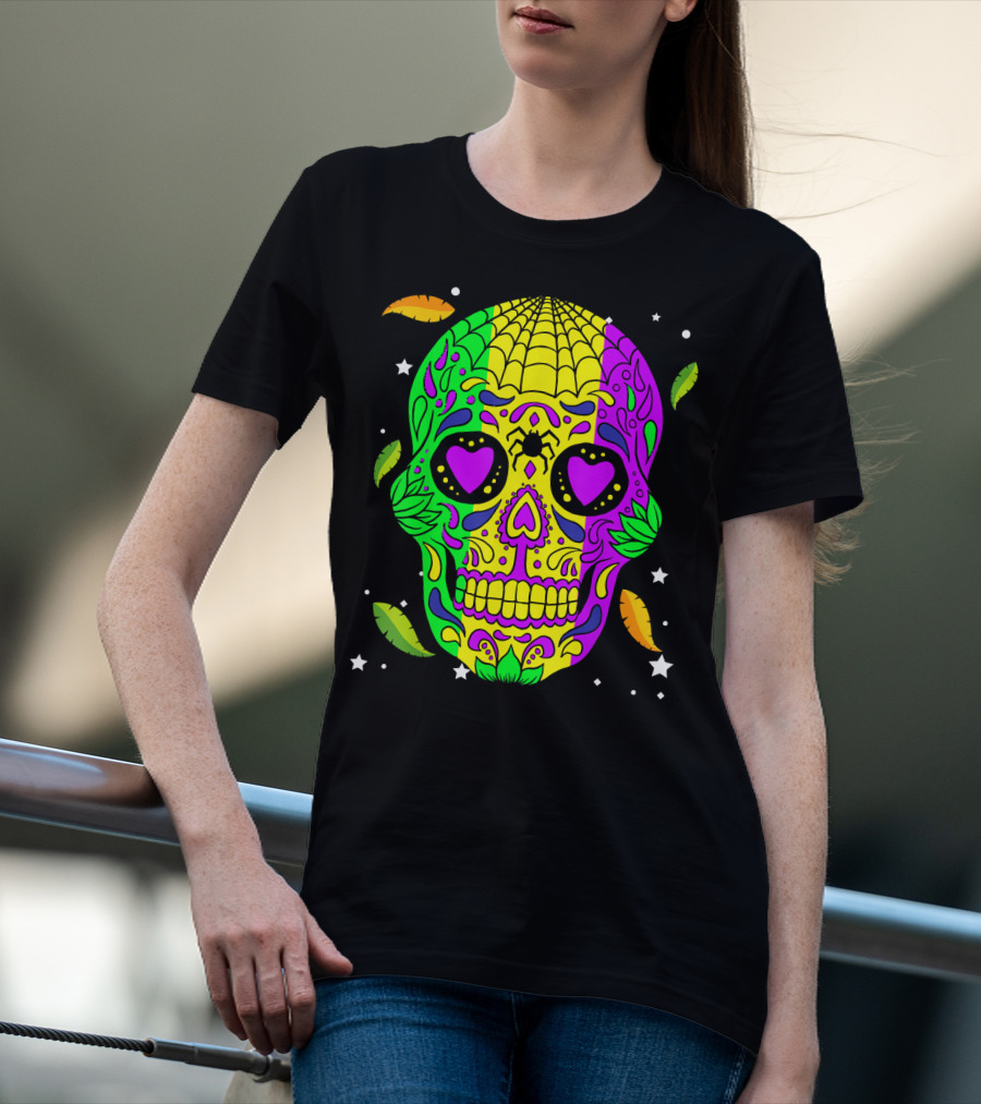 Mardi Gras Skull Jester Hat Colorful Feather T-Shirt