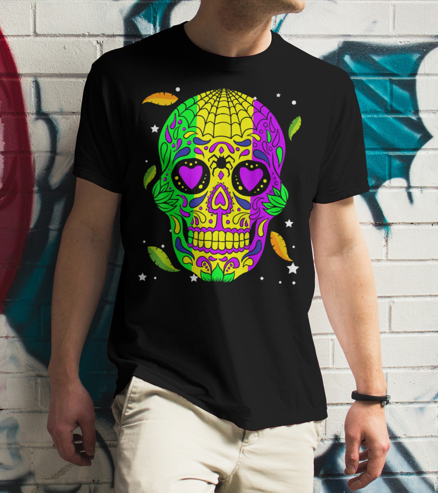 Mardi Gras Skull Jester Hat Colorful Feather T-Shirt