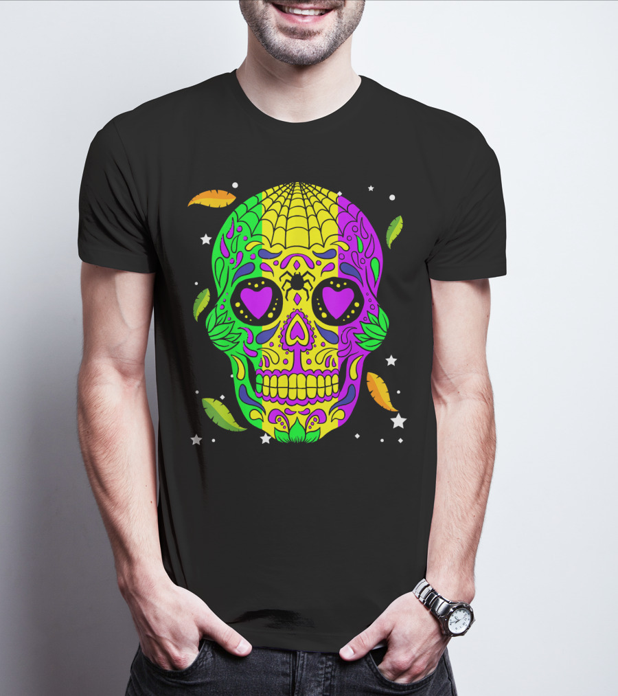 Mardi Gras Skull Jester Hat Colorful Feather T-Shirt