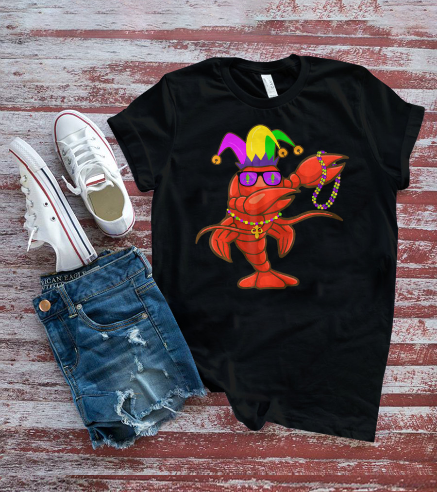 Jester Hat Crawfish Dabbing With Mardi Gras Beads Party T-Shirt