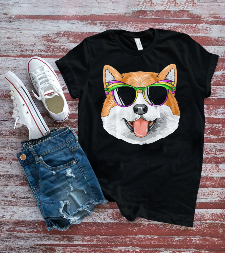 Akita Mardi Gras Carnival Mask Dog Sunglasses T-Shirt