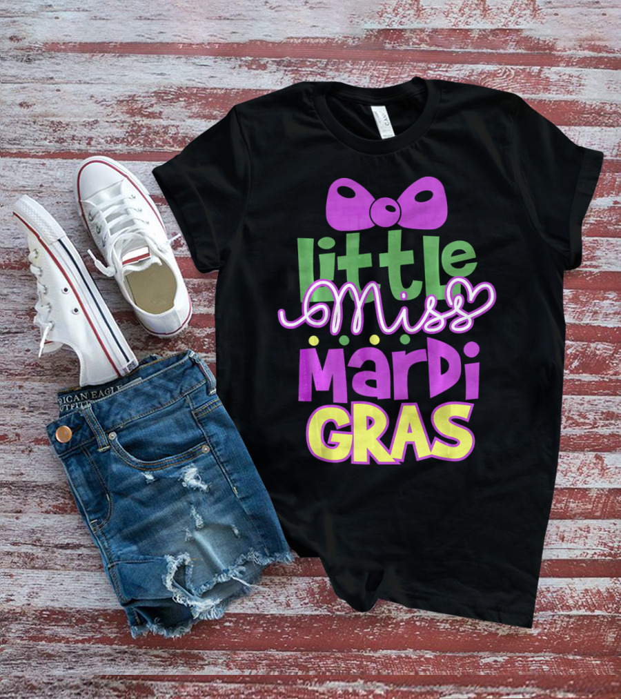 Little Miss Mardi Gras Bow Colorful Letters T-Shirt