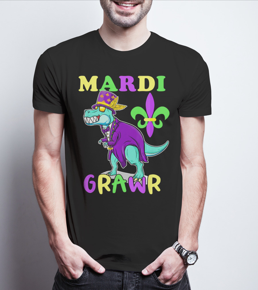 Mardi Grawr Dinosaur Rex New Orleans Fleur De Lis T-Shirt