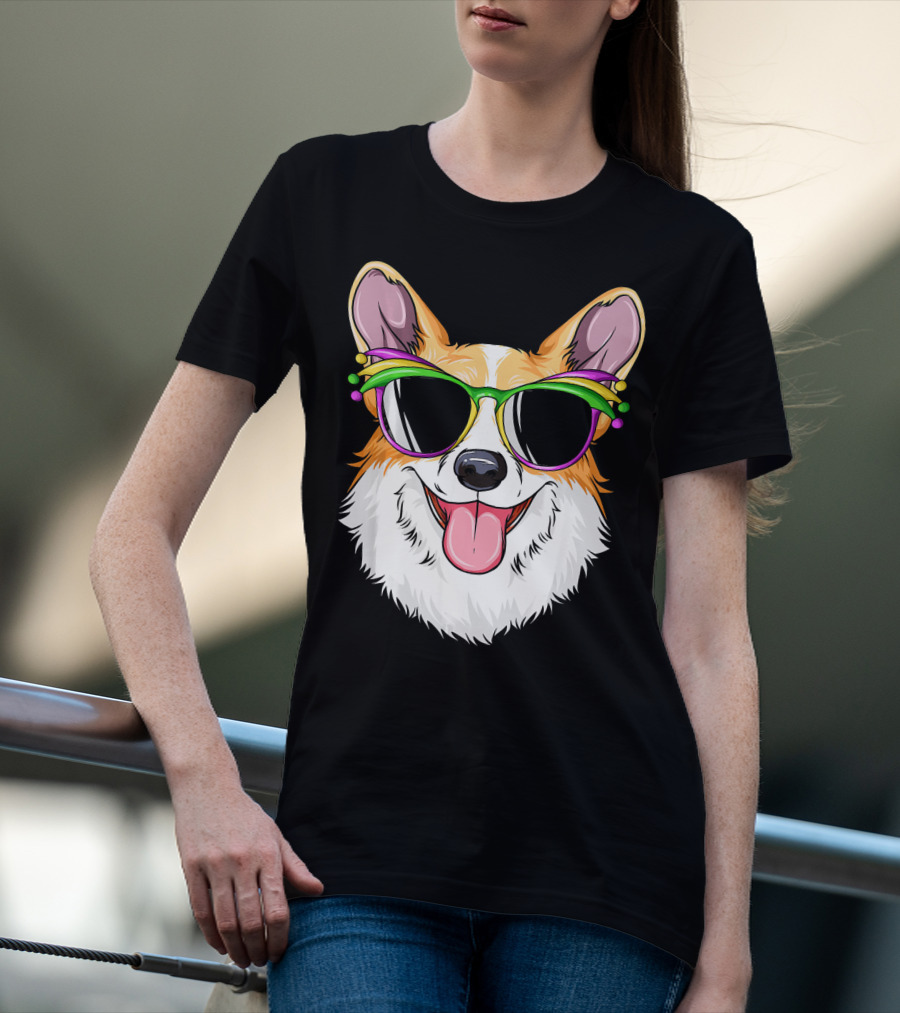 Mardi Gras Corgi With Carnival Mask And Glasses T-Shirt