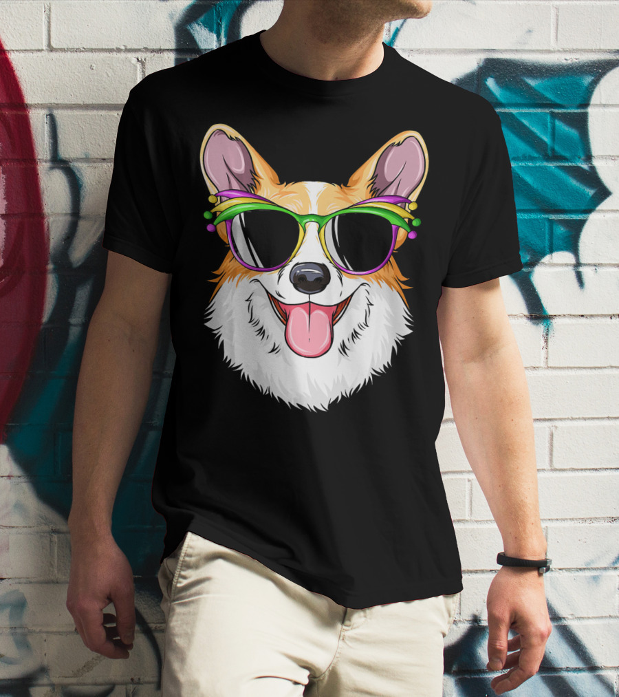 Mardi Gras Corgi With Carnival Mask And Glasses T-Shirt